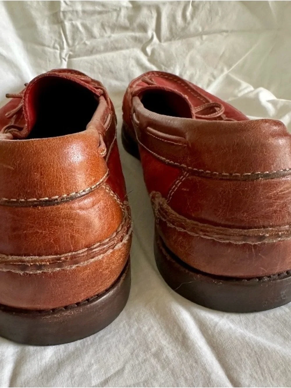 1990s COLE HAAN COUNTRY CAMP MOCCASIN SHOES RED NUBUCK LEATHER BROWN TRIM 11.5M